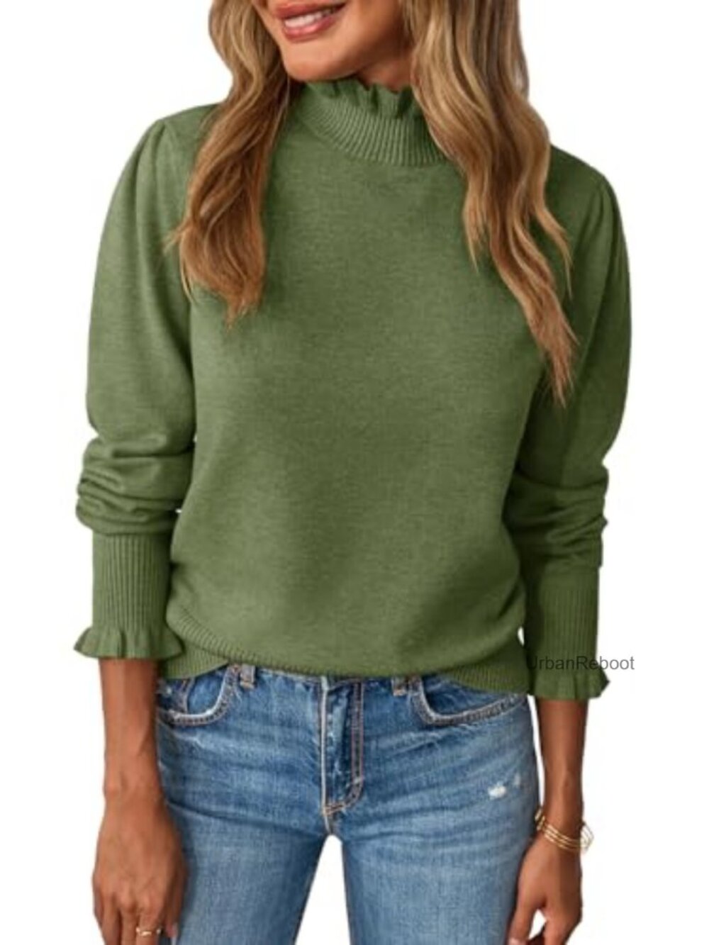 Ruffle Mock Neck Puff Sleeve Knit Pullover Sweater